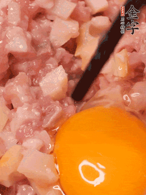 豬肉末、咸肉丁，分次加蔥姜水，一勺糖、一丟白胡椒，春筍丁，打入一個雞蛋